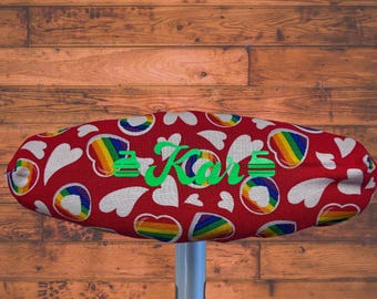 Red  w Rainbow Pride Hearts Cotton Curling Broom covers ~ w personalization & curling stones ~ Made in Canada  Free Shipping Christmas Gift