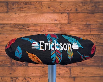 Cotton Curling Broom covers ~ Black with Aqua & Orange Feathers ~ Made in Canada Unique Gift ~ Free Ship