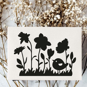 Spring SVG, Bird On A Wildflower Meadow, Field Of Flowers Mother&#39;s Day Clipart, Instant Download EPS, PNG Cut File