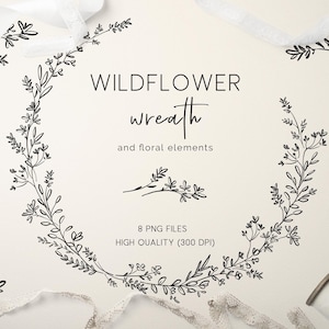 Wildflower krans lijntekeningen, botanische clipart, bruiloft uitnodiging frame voor monogram logo, zwart-wit hand getekende bloemen PNG