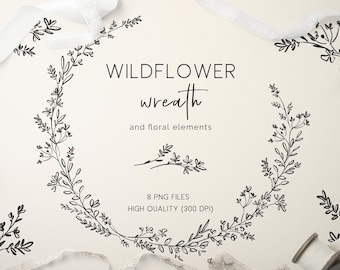 Wildflower Wreath Line Art, Botanical Clipart, Wedding Invitation Frame for Monogram Logo, Black and White Hand Drawn Floral PNG