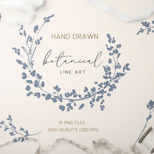 Imágenes prediseñadas botánicas azul polvoriento, arte lineal de marcos de flores de boda, bellas artes de borde floral dibujado a mano, diseño de logotipo de monograma de boda