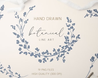 Dusty Blue Botanical Clipart, Wedding Flower Frames Line Art, Hand Drawn Floral Border Fine Art, Wedding Monogram Logo Design