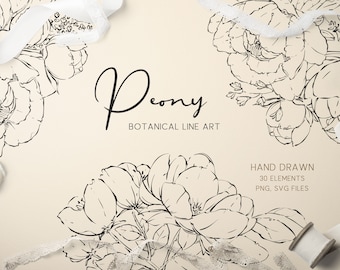 Peony Botanical Clipart, Hand Drawn Botanical Frame, Wildflower Line Art, Floral PNG, Fine Art Wedding Vector Monogram Logo Design