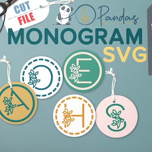 May include: A set of five round, monogrammed, decorative stickers with a leafy design. The stickers are in various colors, including green, blue, yellow, and pink. The letters on the stickers are A, C, E, H, and S. The text "6 Pandas" and "MONOGARM SVG" are visible in the image. The text "CUT FILE" is also visible in the image. The text "AI SVG PNG PDF EPS DXF" is also visible in the image.