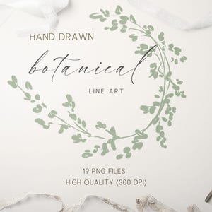 Dusty Salbei Grün Botanische Clipart, Hand Gezeichnet Floral Line Art, Blumenrahmen Bordüre, Hochzeit Monogramm Logo Design, Vintage Lorbeerkranz