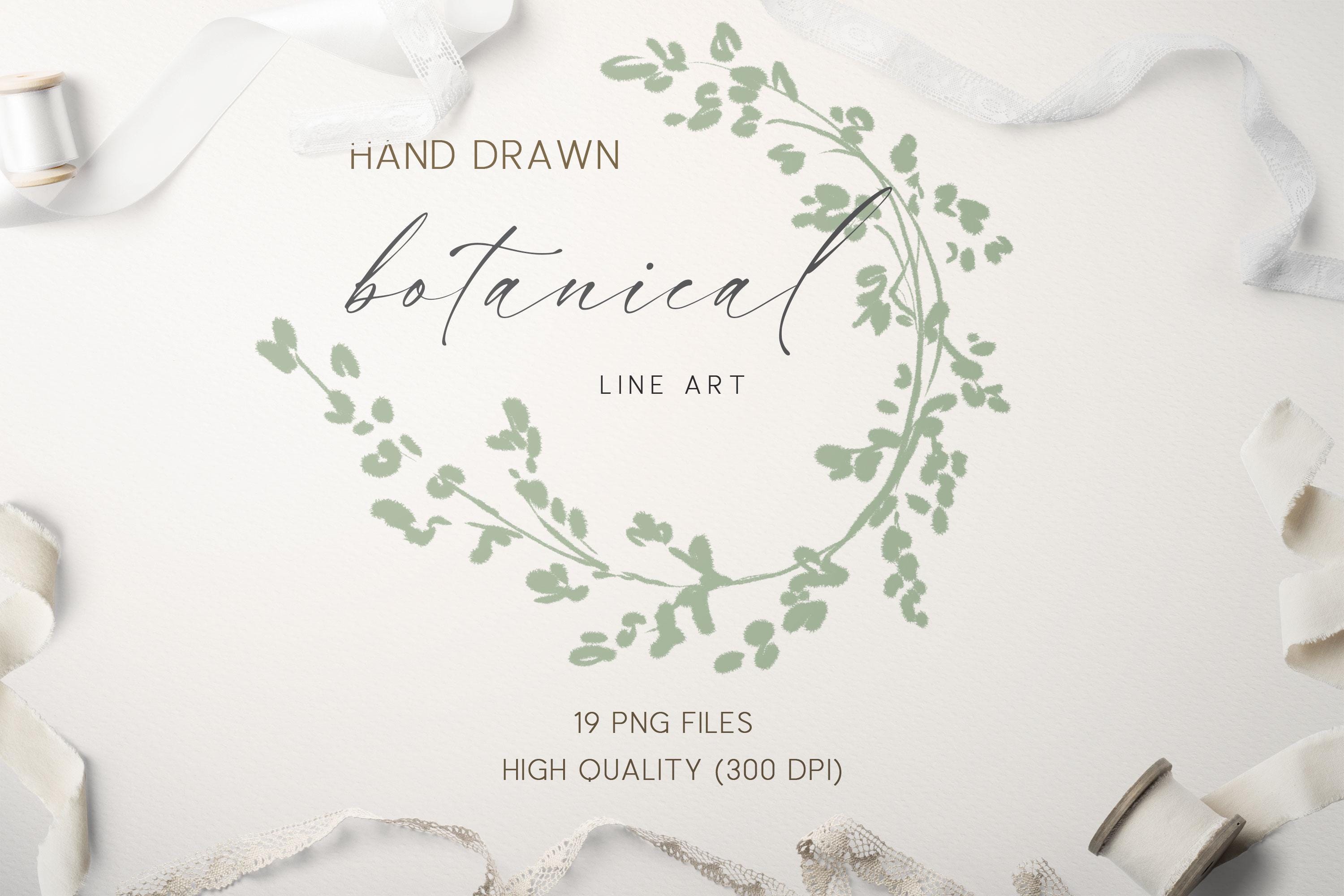 Dusty Sage Green Botanical Clipart, Hand Drawn Floral Line Art, Flower Frames Border, Wedding Monogram Logo Design, Vintage Laurel Wreath