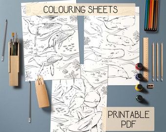May include: Four printable coloring sheets featuring whales swimming in the ocean. The sheets are black and white line drawings with the text "COLOURING SHEETS" and "PRINTABLE PDF" at the top and bottom of the sheets.