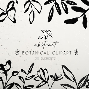 抽象的な植物のクリップアート セット、手描きの花のファイン アート、PNG 線画イラスト、葉っぱの花の SVG 要素、野生の花のベクター バンドル