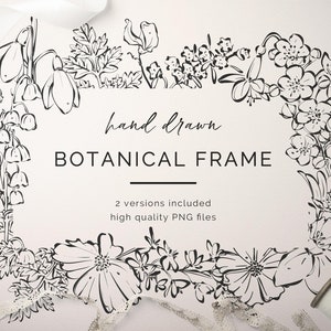 Botanische Clip Art, Blumenrahmen Hochzeitseinladung, Schwarzweiß Handgezeichnete Linie Kunst Wildblumen Grenze PNG Illustration