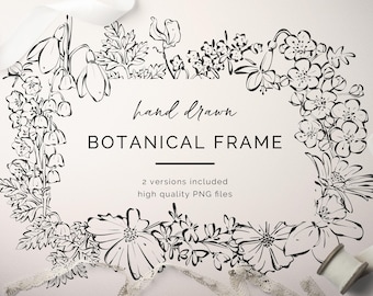 Könnte beinhalten: Handgezeichnetes botanisches Rahmen-Design mit floralen Elementen in schwarzer Tinte. Der rechteckige Rahmen trägt den Text "hand drawn BOTANICAL FRAME" sowie Informationen zu zwei Versionen und hochwertigen PNG-Dateien.
