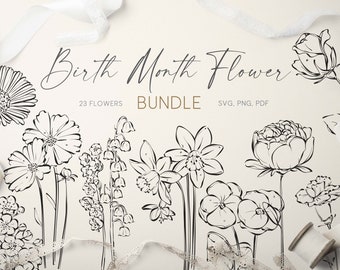 May include: A set of 23 black and white line drawings of flowers, labeled "Birth Month Flower Bundle" with the file types "SVG, PNG, PDF".