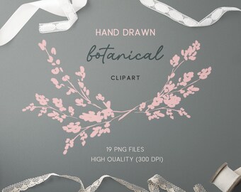 Dusty Pink Botanical Clipart, Wedding Invitation Elements, Hand Drawn Floral Line Art, Flower Border Monogram Logo Design, Vintage Wreath