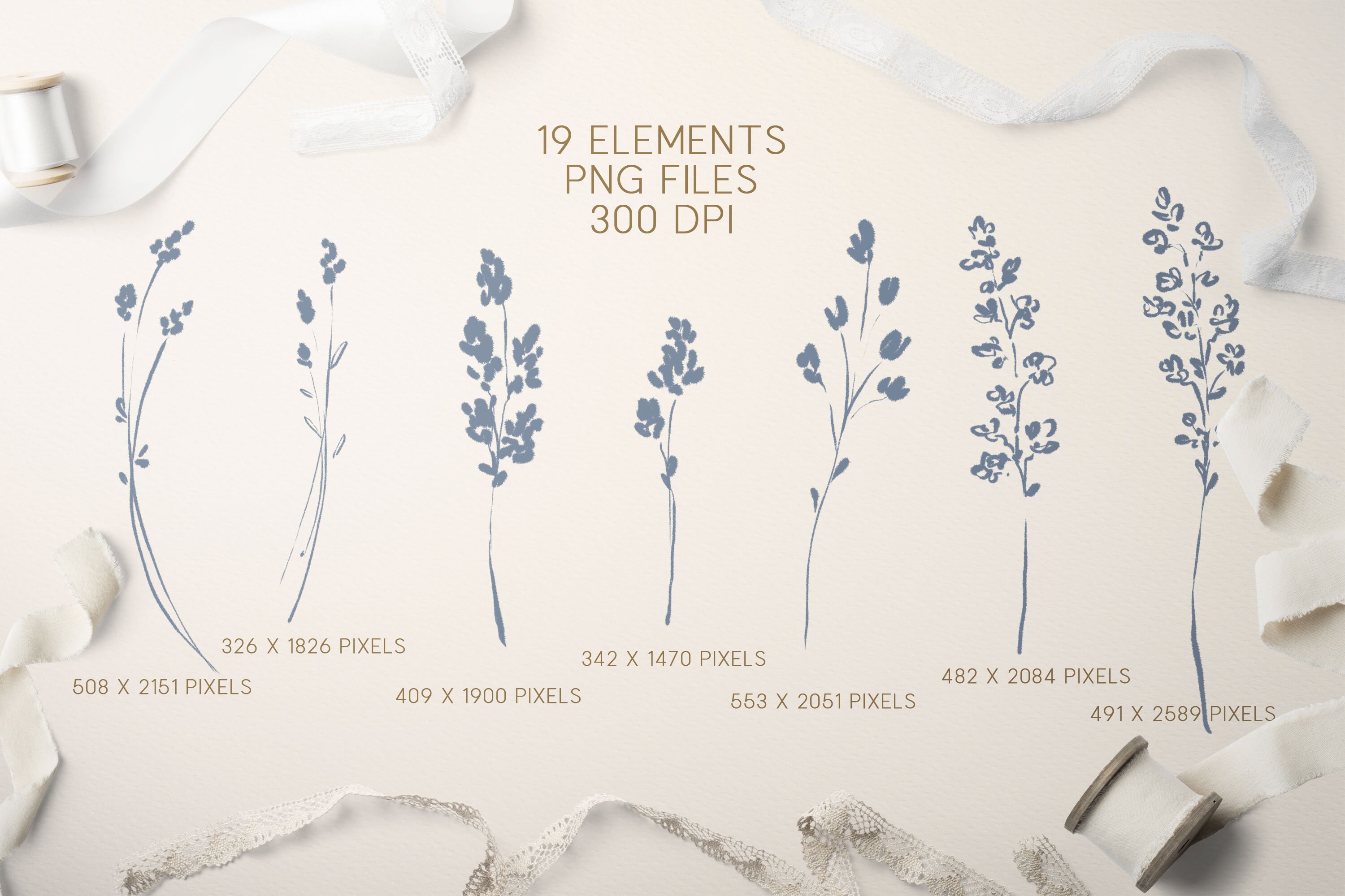 Dusty Blue Botanical Clipart, Wedding Flower Frames Line Art, Hand