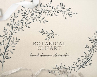 Botanical Clip Art, Wedding Flower Frames Clip Art, Hand Drawn Fine Art, Border Leaves Line Art Illustration, Wedding Monogram Logo Design