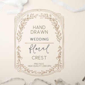 Wedding Floral Crest, Botanical Clipart, Wedding Invitation Frame Line Art, Hand Drawn Floral Border Fine Art, Wedding Monogram Logo Design