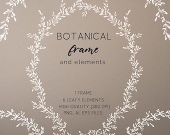 Botanical Elements Clipart Set, Elegant Wedding Border Line Art, Leafy Frame PNG, Simple Wedding Monogram Crest Stationery and Logo Design