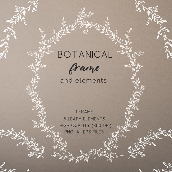 Botanical Elements Clipart Set, Elegant Wedding Border Line Art, Leafy Frame PNG, Simple Wedding Monogram Crest Stationery and Logo Design