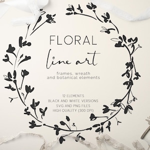Floral Line Art Clipart, Botanical PNG, Wildflower Wedding Invitation Wreath, Hand Drawn Black and White Vector Flower Frame