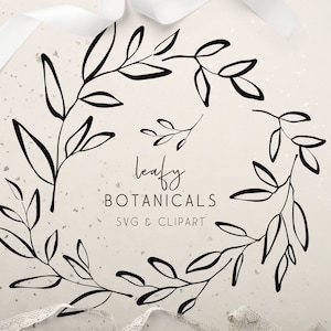 Botanical Line Art Clipart, Wedding Leaves Frame SVG, Foliage Garland Border Sketch, Wedding Monogram Logo Design, Botanical Fine Art PNG