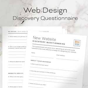 Op de afbeelding: Een zwart-witte vragenlijst met de titel "Nieuwe website Ontdekking Vragenlijst" met de tekst "Deze vragenlijst helpt me om u een nauwkeurige offerte te geven die is afgestemd op de meest effectieve strategie voor het ontwerpen van uw website." De vragenlijst stelt vragen over uw bedrijf, waaronder uw bedrijfsnaam, een beschrijving van uw bedrijf en de diensten die u aanbiedt.