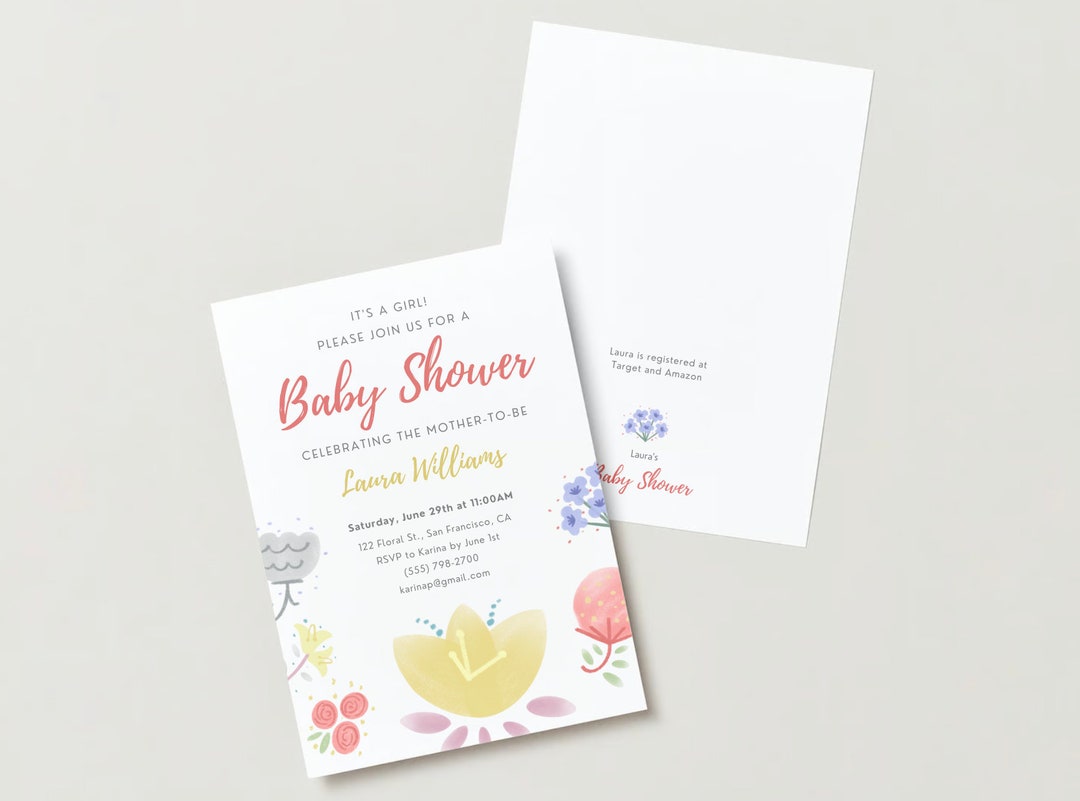 Floral Baby Shower Invitation Template: Chalk Flower Design (digital ...