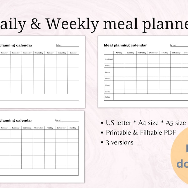 Undated Meal Planner Printable, Weekly Meal Calendar, Personalized Meal Goodnote, Weekly Food Diary Teamplate, A4/A5/US Letter Size