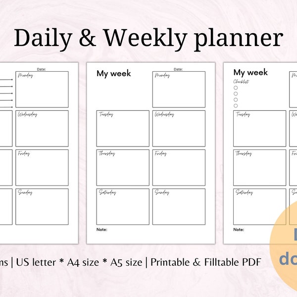 Undated Weekly Planner, Simple Printable Schedule, Minimalist To Do List, Daily Organizer, Office Desk Agenda, A4/A5/US Letter Size