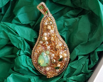 Pear beaded brooch, Plant fruit pin, Botanical jewelry