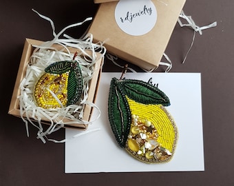 lemon pin, fruit beaded brooch, floral lover gift