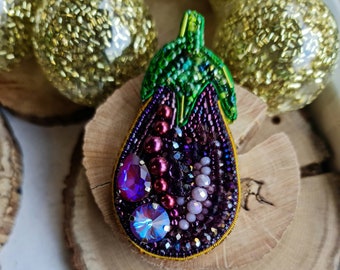 Purple beaded brooch, Eggplant plant pin. valentines day gift