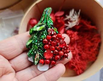 Ukraine viburnum beaded brooch, Guelder rose vegan original eco gift, Ukraine jewelry