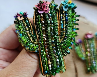 Cactus pin beaded art, Green plant embroidery summer jewelry