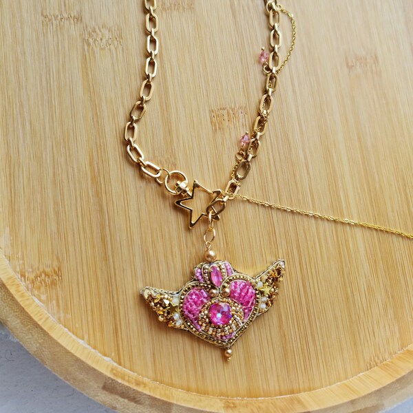 sailor moon necklace, anime jewelry, y2k necklace chain choker, pink crystal necklace