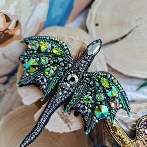 Embroidered Dragon Brooch: Beaded Japanese Crystals, Handcrafted Pin