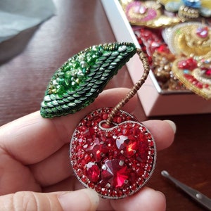 Cherry beaded brooch, Rhinestone brooch, Summer fruit pin
