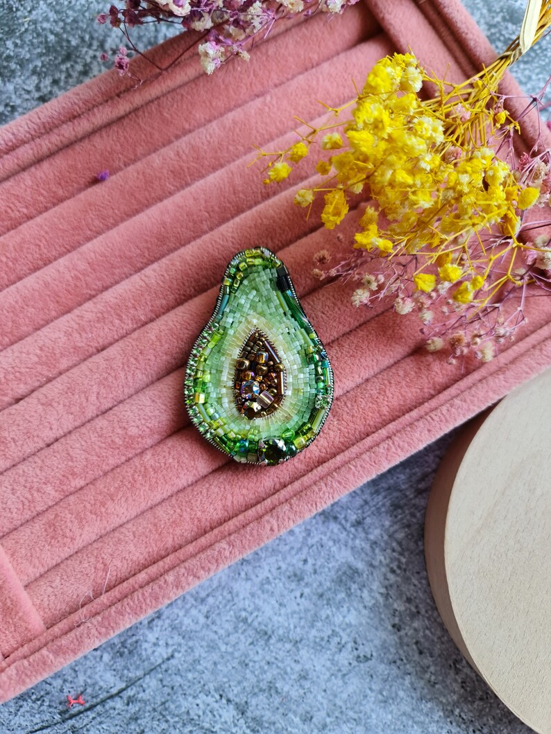 avocado green beaded brooch, foodie gift, nature jewelry image 8