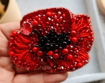 Poppy Embroidered brooch, Flower Crystal pin, Handmade jewelry