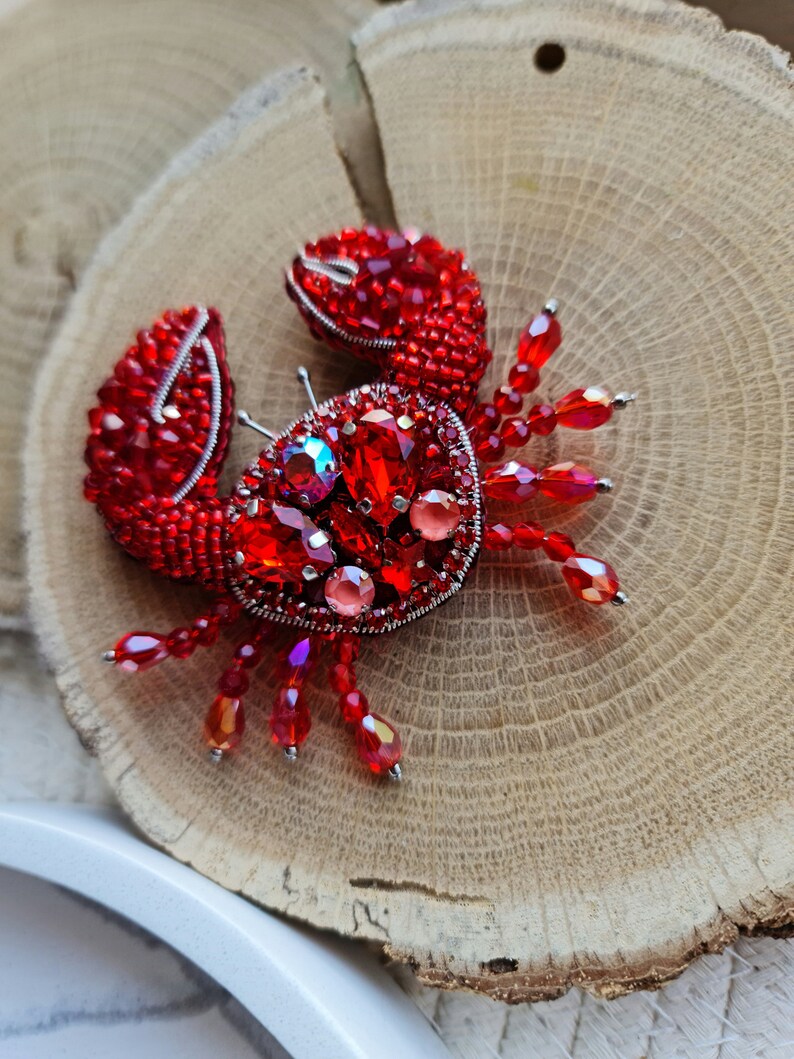 Seaside Treasures: Handmade Crab Beaded Brooch Pin Cancer Zodiac Gifts image 7