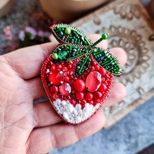 Strawberry Embroidered brooch, Strawberry jewelry