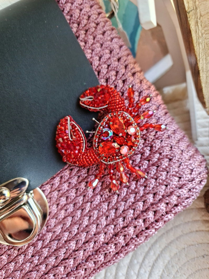 Seaside Treasures: Handmade Crab Beaded Brooch Pin Cancer Zodiac Gifts image 5