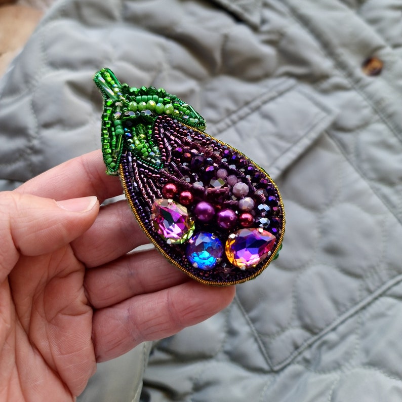 Handmade Purple Eggplant Beaded Brooch Crystal Embroidered Vegetable Pin for Plant Lover image 5