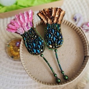 thistle beaded jewelry, plant embroidery brooch, mens lapel pin image 1