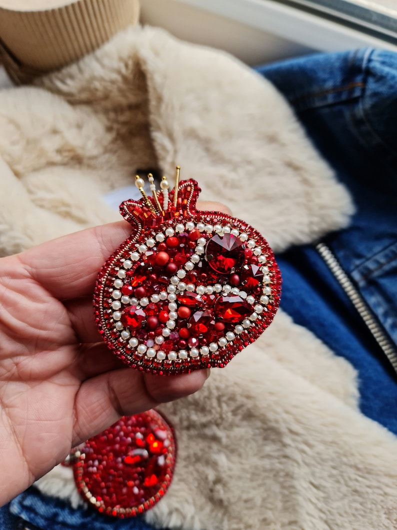 Pomegranate Beaded Brooch, Fruit Embroidery Pin image 6