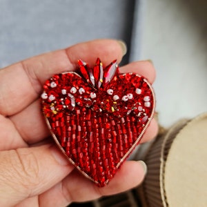 Red heart beaded brooch, Holiday brooch,