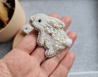 rabbit beaded brooch, nature jewelry, holiday gift