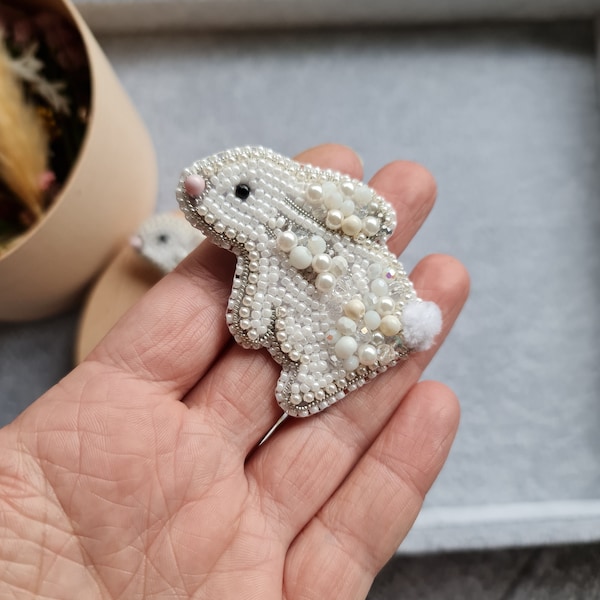 rabbit beaded brooch, nature jewelry, holiday gift