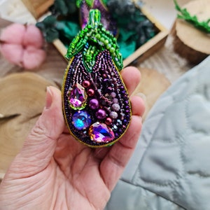 Handmade Purple Eggplant Beaded Brooch Crystal Embroidered Vegetable Pin for Plant Lover image 2