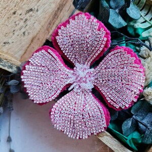 Pink Flower Beaded Brooch, Unique Gift for Her, best holiday gift, Velvet crystal flower, four leaf flower crystal flower