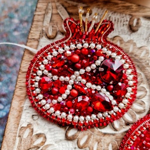 Pomegranate beaded brooch, fruit pins, Holiday gift